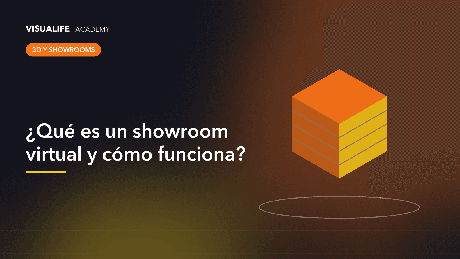 Espacio expositivo virtual con productos en 3D, puntos de información y un avatar guiando la visita