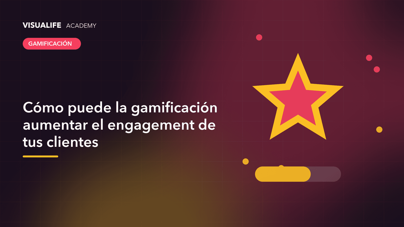 Gráfico ascendente de implicación junto a una barra de progreso, puntos y una insignia