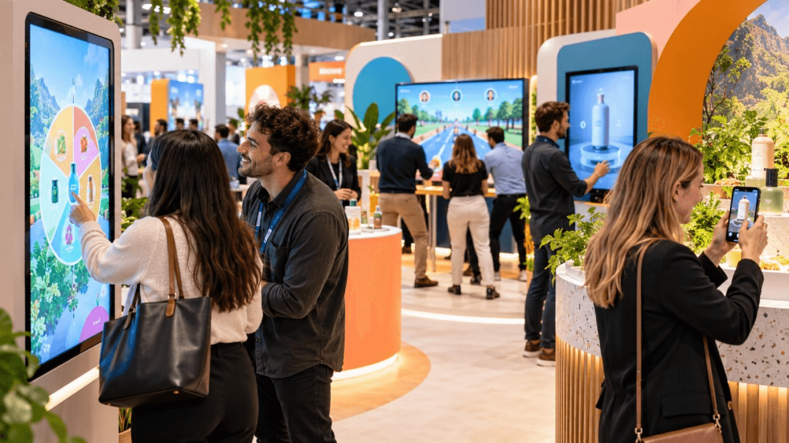 Visitantes en un stand de feria usando una pantalla táctil y un móvil con realidad aumentada sobre un producto