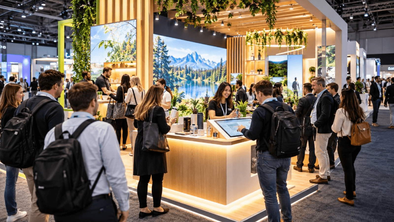 Visitantes rodeando un stand de feria con una pantalla táctil y un fondo de paisaje