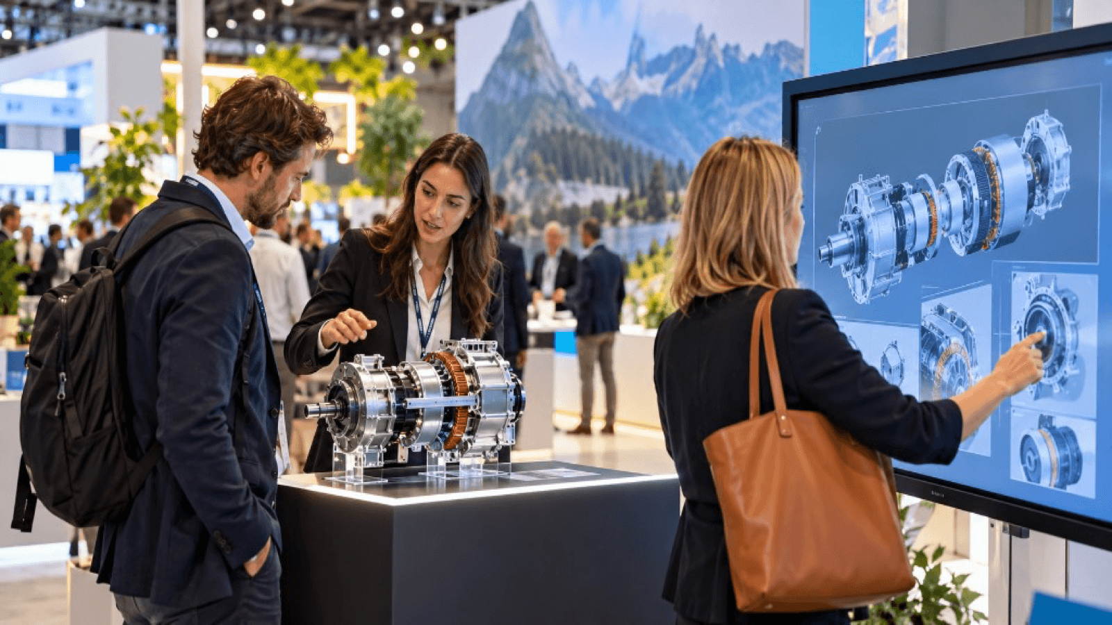 Visitantes en un stand viendo un modelo de maquinaria y una pantalla con su despiece en 3D
