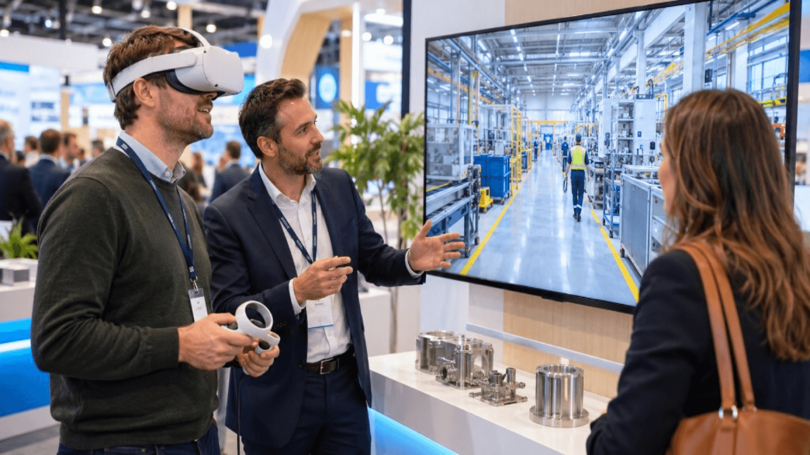 Visitante con gafas de realidad virtual en un stand, con una pantalla que muestra una fábrica
