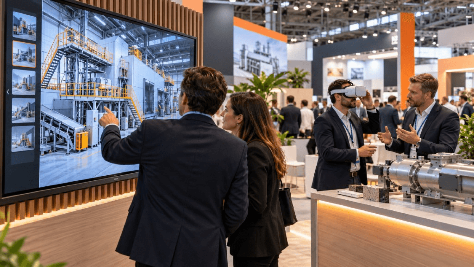 Visitantes en un stand con una pantalla de una planta industrial, una pieza de maquinaria y unas gafas de realidad virtual