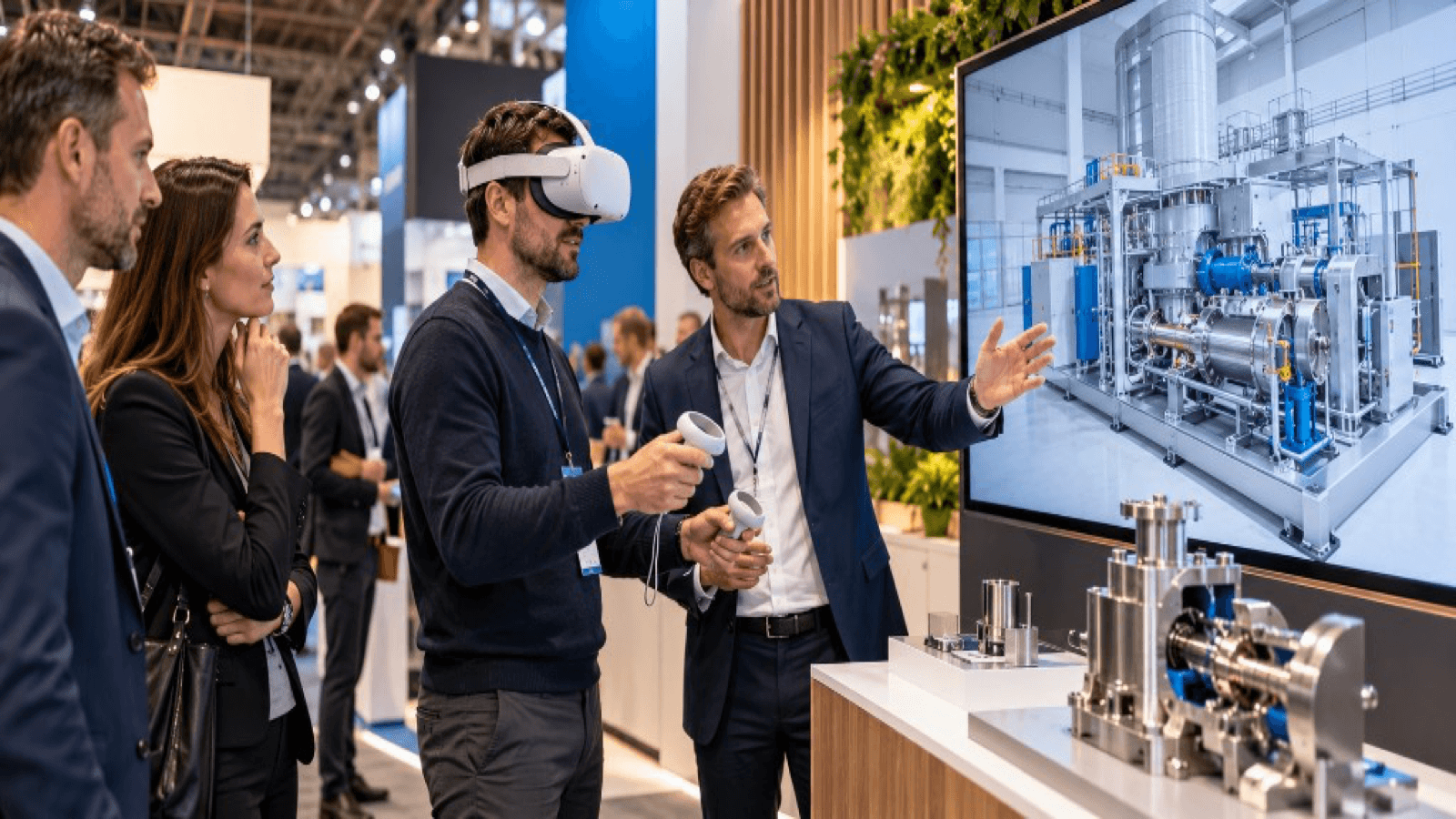Visitante con gafas de realidad virtual en un stand, junto a una pantalla y un modelo de maquinaria industrial