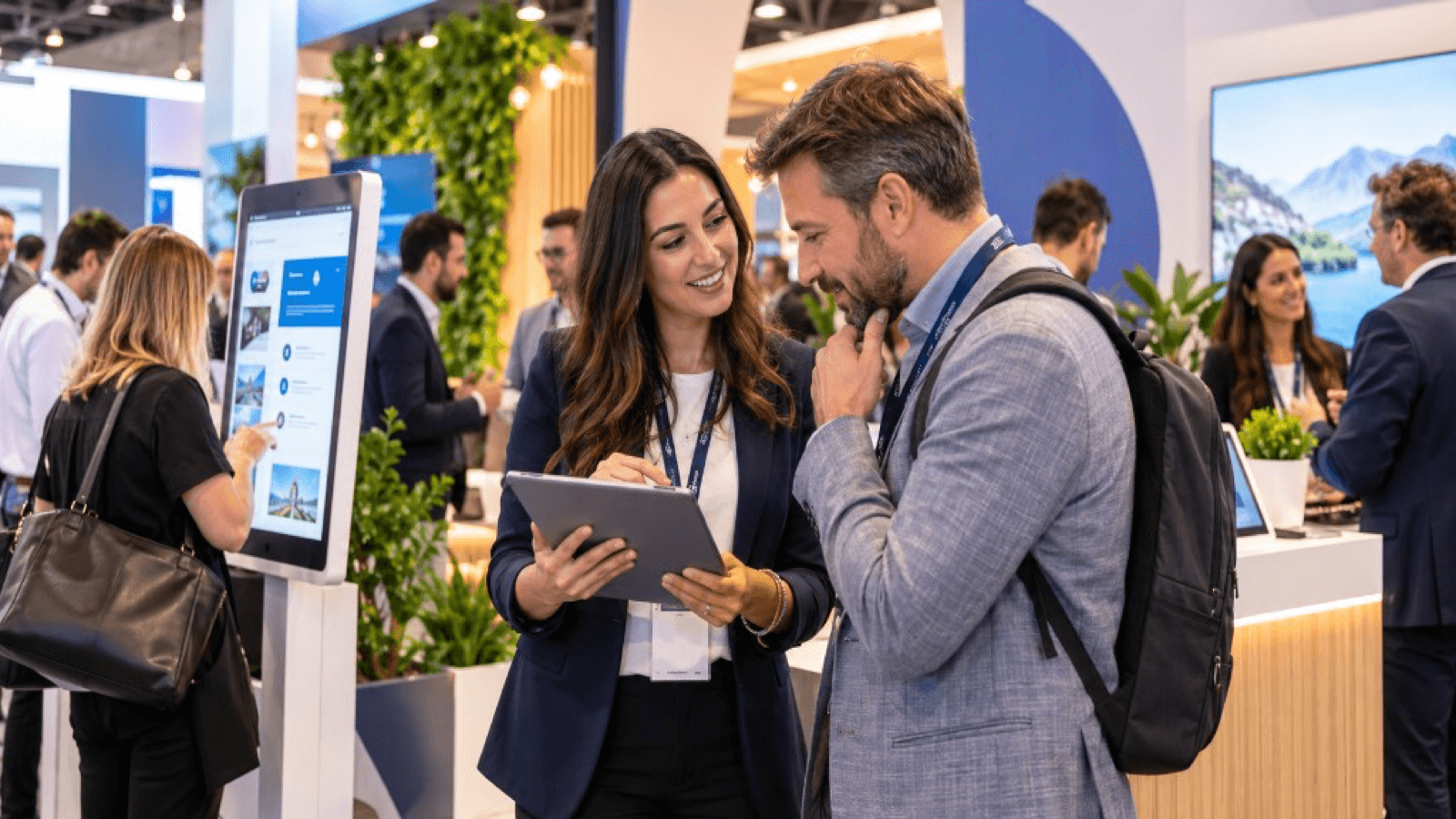 Conversación en un stand de feria, con una tablet y un quiosco táctil