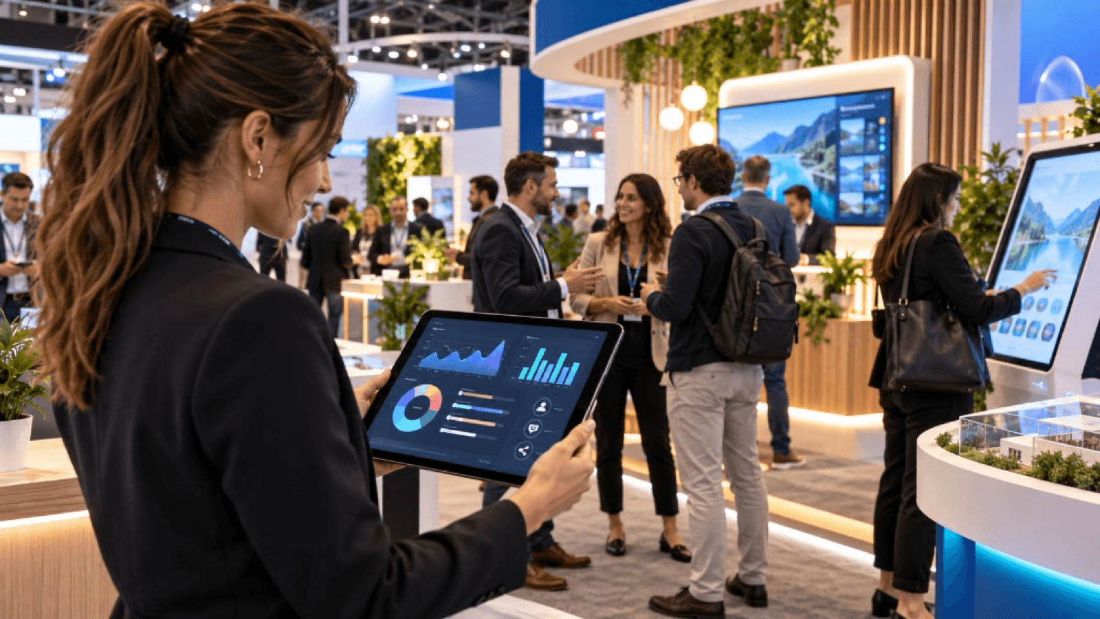 Stand de feria con una tablet de métricas, visitantes conversando y una pantalla táctil