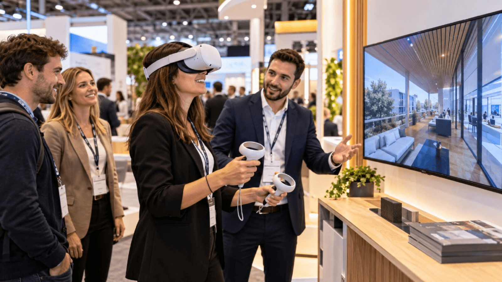Visitante con gafas y mandos de realidad virtual en un stand, con una pantalla que muestra un interior