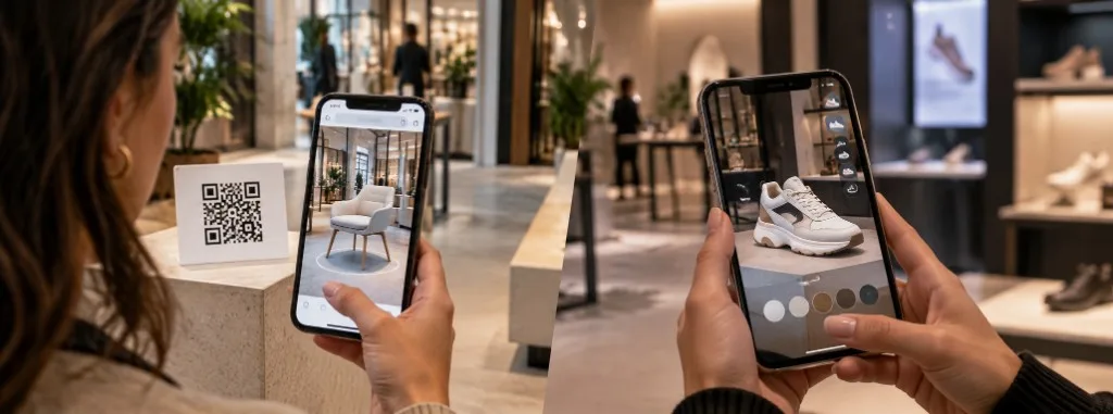 Dos experiencias de compra con realidad aumentada: un QR que muestra un sillón en 3D y un probador virtual de zapatillas