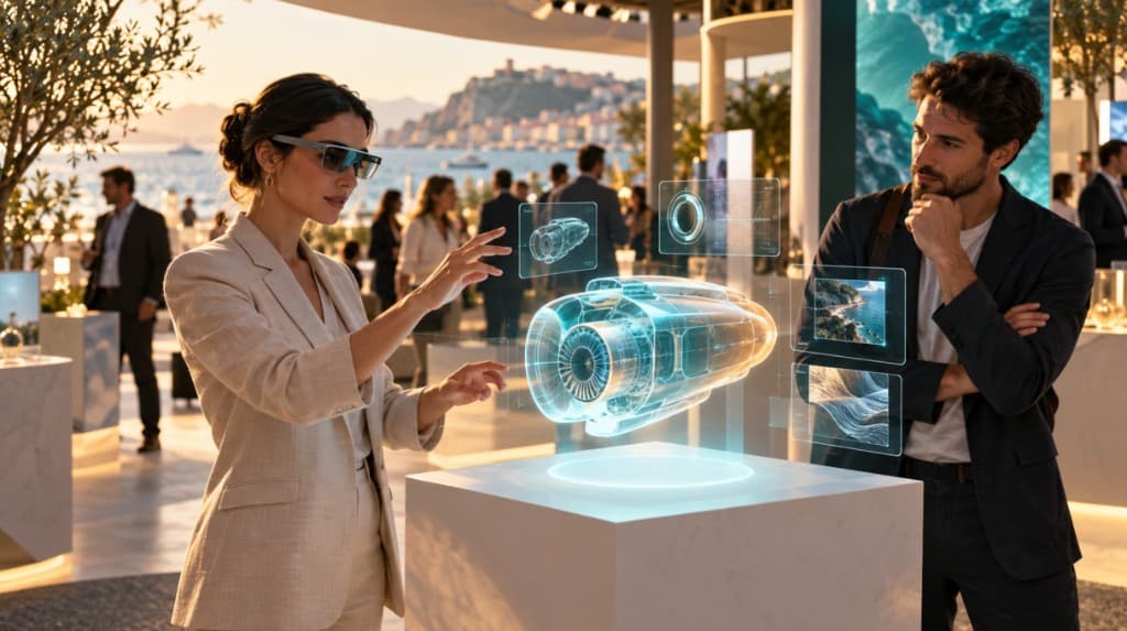 Mujer con gafas de realidad aumentada manipulando el holograma 3D de un motor en un evento de marca