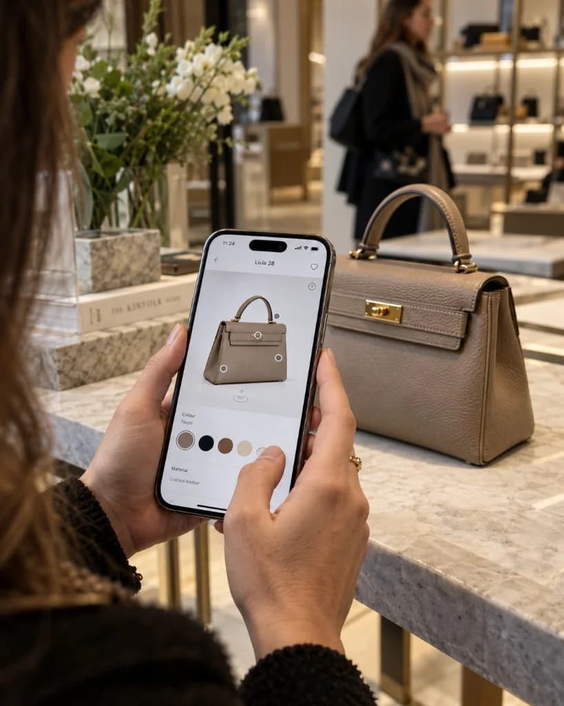 Shopper viewing a 3D handbag on her phone next to the real product in store
