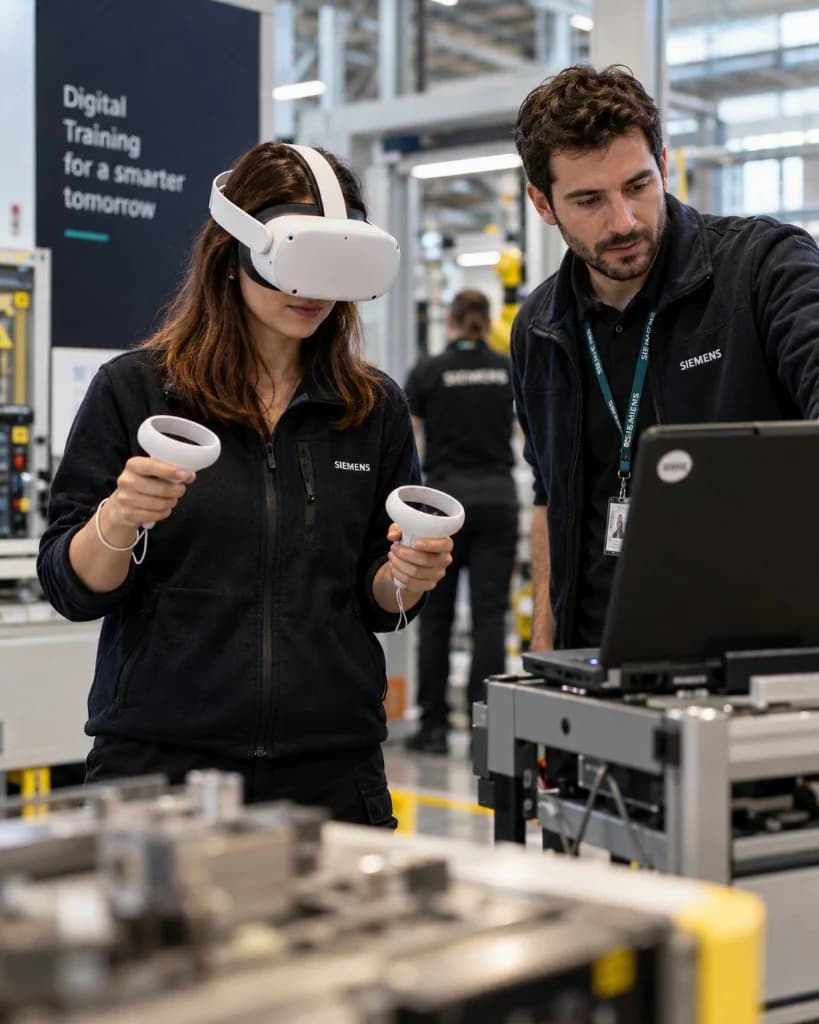 Worker training with a VR headset on a factory floor
